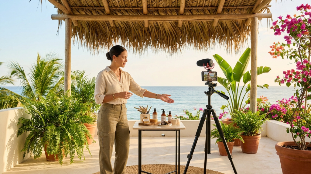 Content creator filming a product video in a tropical Caribbean setting