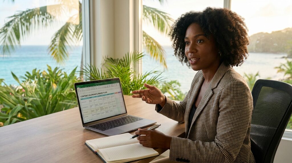 A Caribbean marketing strategist planning a brand content calendar in a bright Saint Lucia office