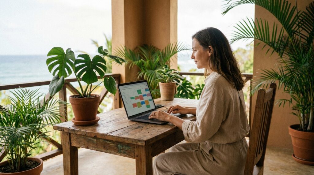 Social media creator planning content calmly in a Caribbean workspace